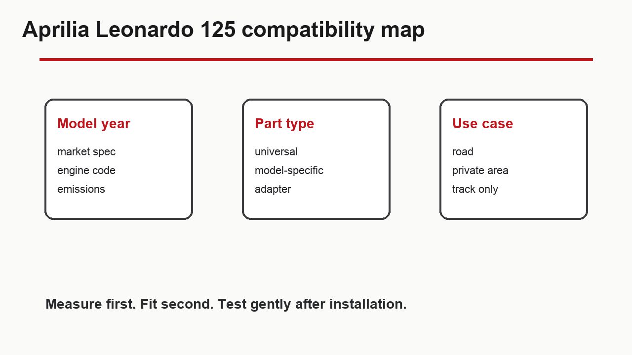 Aprilia Leonardo 125 compatibility checks for model year part type and road use