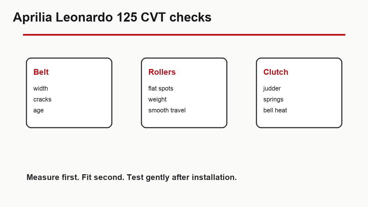 Aprilia Leonardo 125 CVT belt roller and clutch checks for scooter tuning