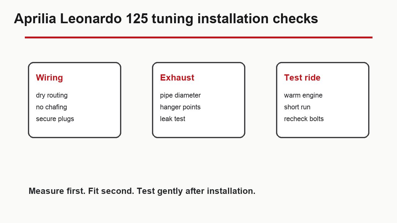 Aprilia Leonardo 125 tuning installation checks for wiring exhaust and road testing