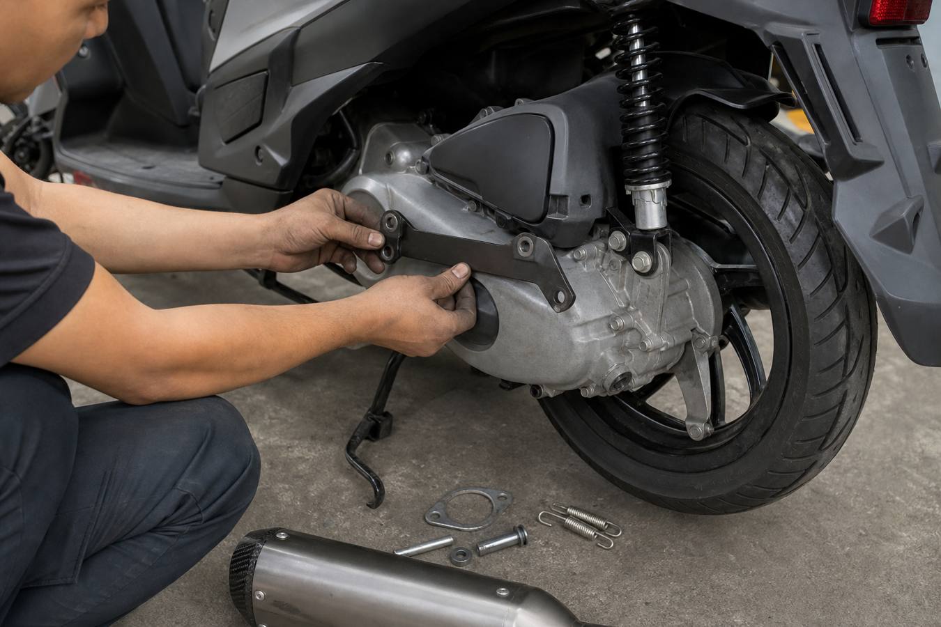 Aligning scooter exhaust mounting points before tightening the silencer bracket