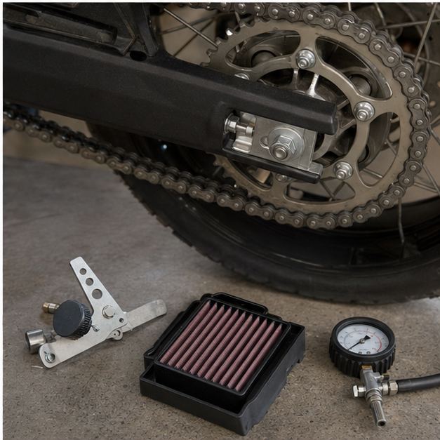 CF Moto 450 MT chain sprocket air filter and tyre pressure setup checks