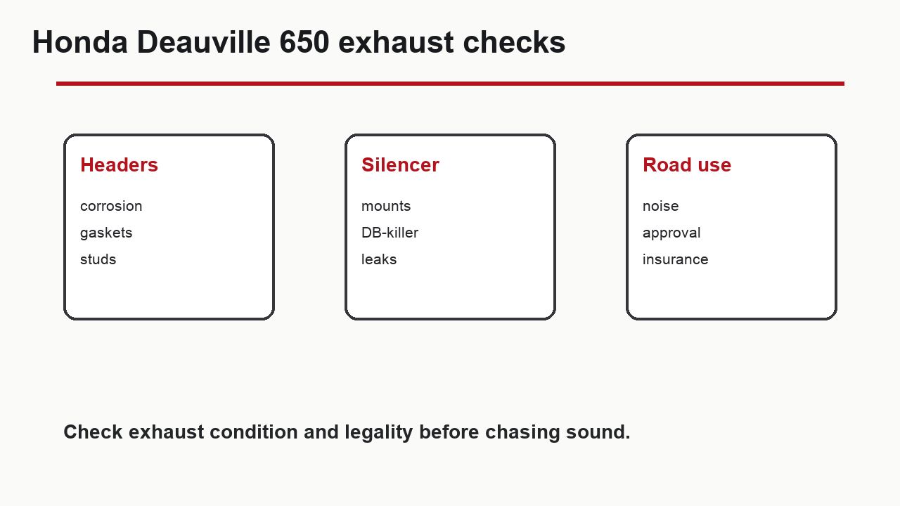 Honda Deauville 650 exhaust checks for headers silencers DB killer and road legality
