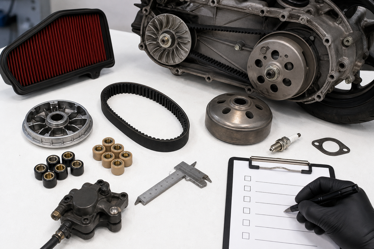 Honda Helix tuning compatibility diagram with CVT belt rollers air filter and exhaust checks