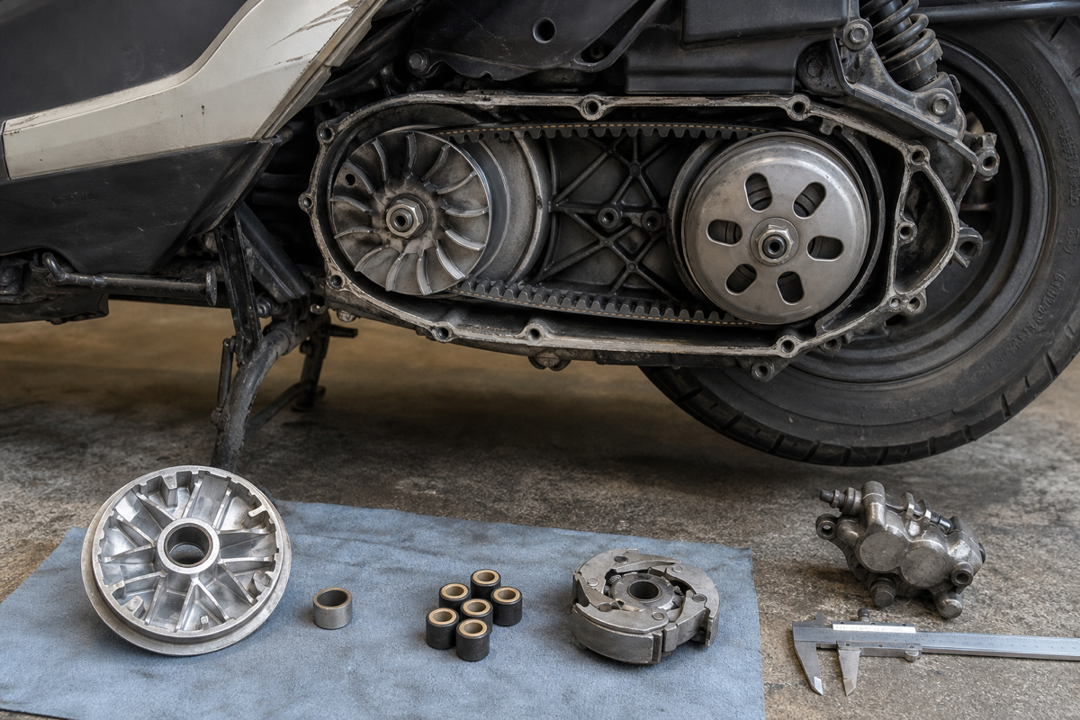 Honda Helix tuning CVT checks with variator belt and rollers