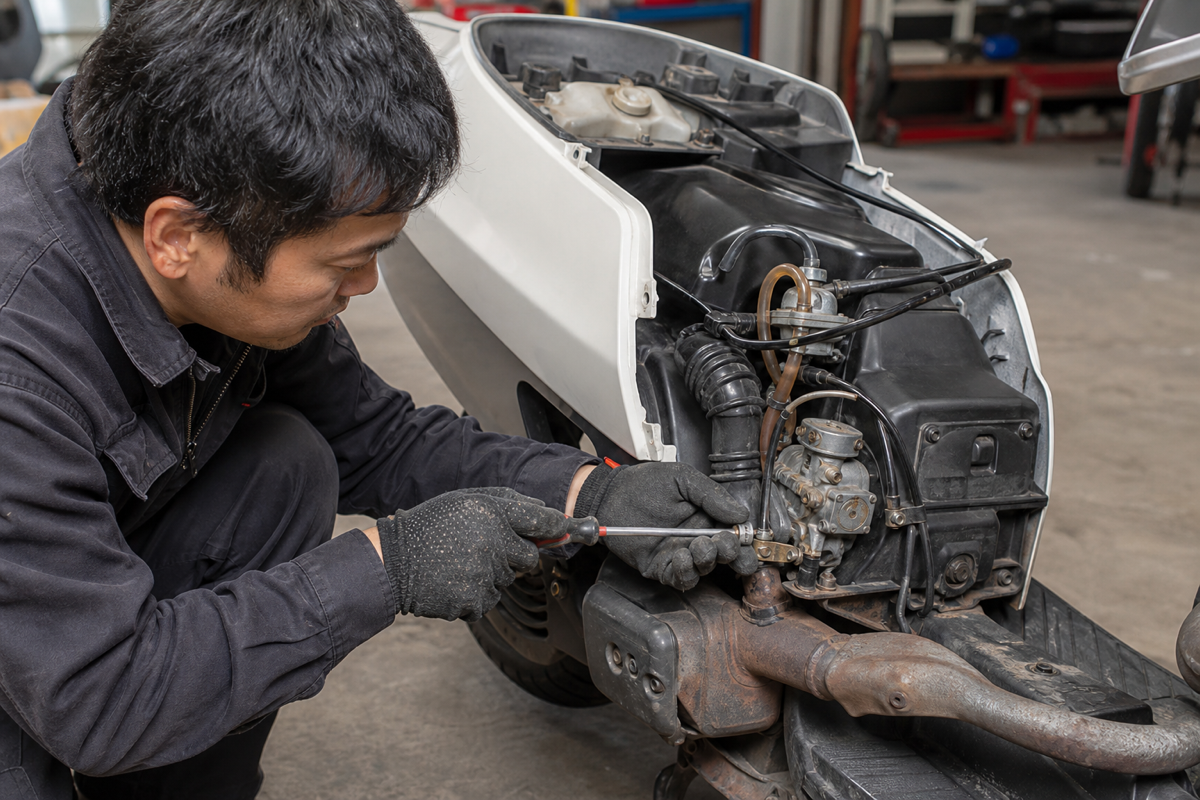 Mechanic checking Honda Helix tuning installation points
