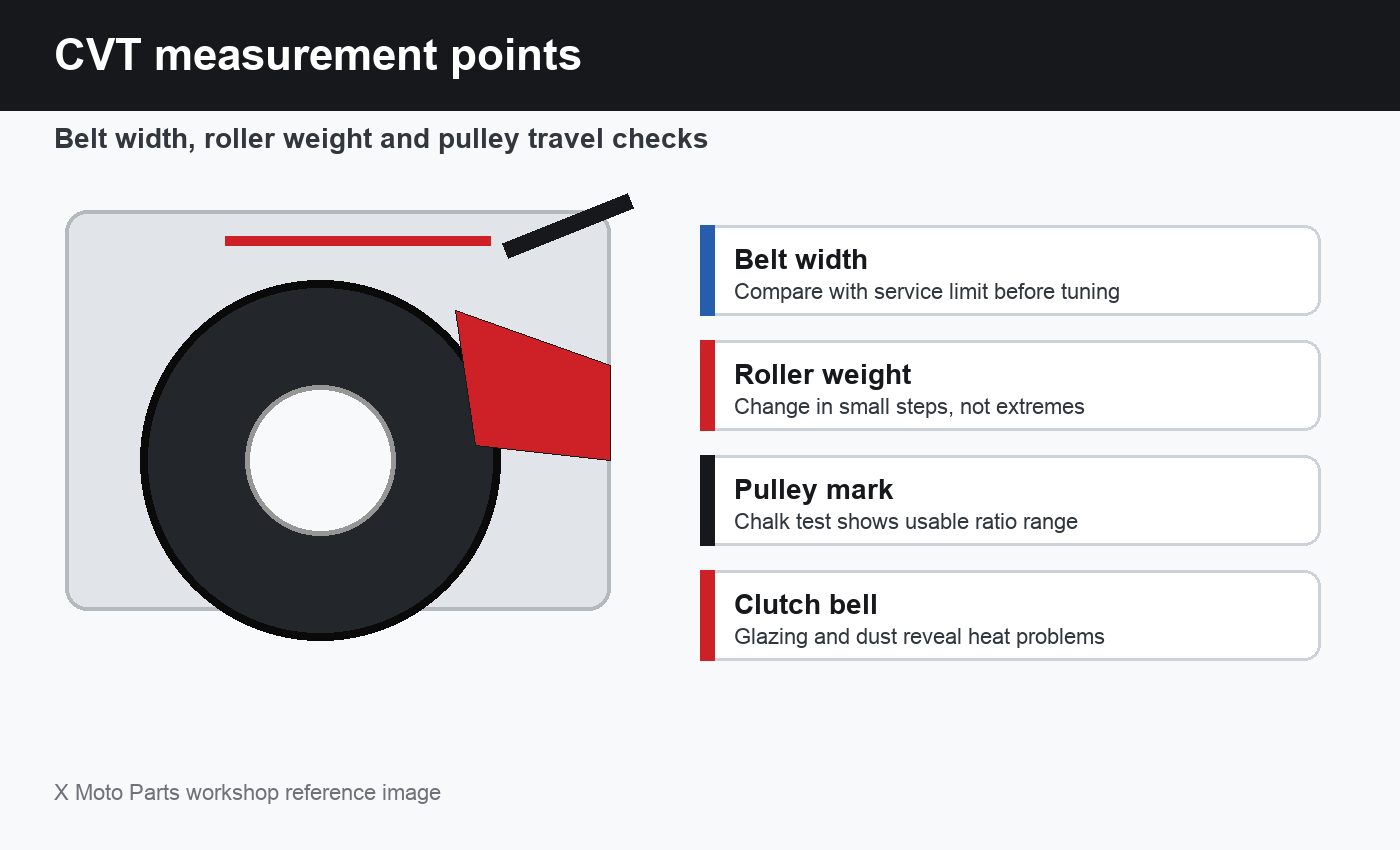 Honda NSC50R CVT Measurement Points Honda NSC50R CVT belt and variator measurement points
