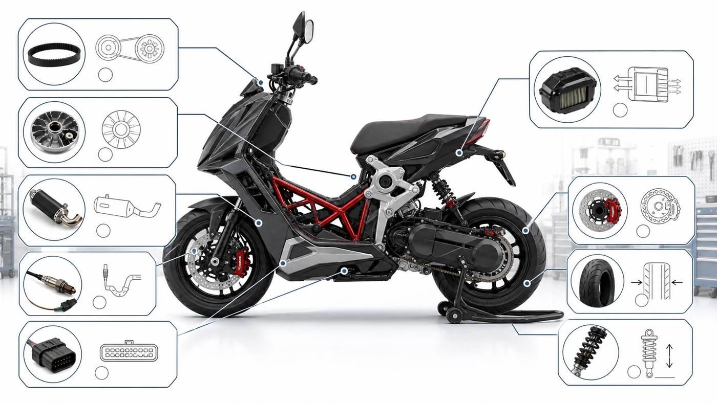 Sport scooter tuning compatibility checks Sport scooter tuning compatibility checks for CVT exhaust airbox ECU brakes tyres and suspension