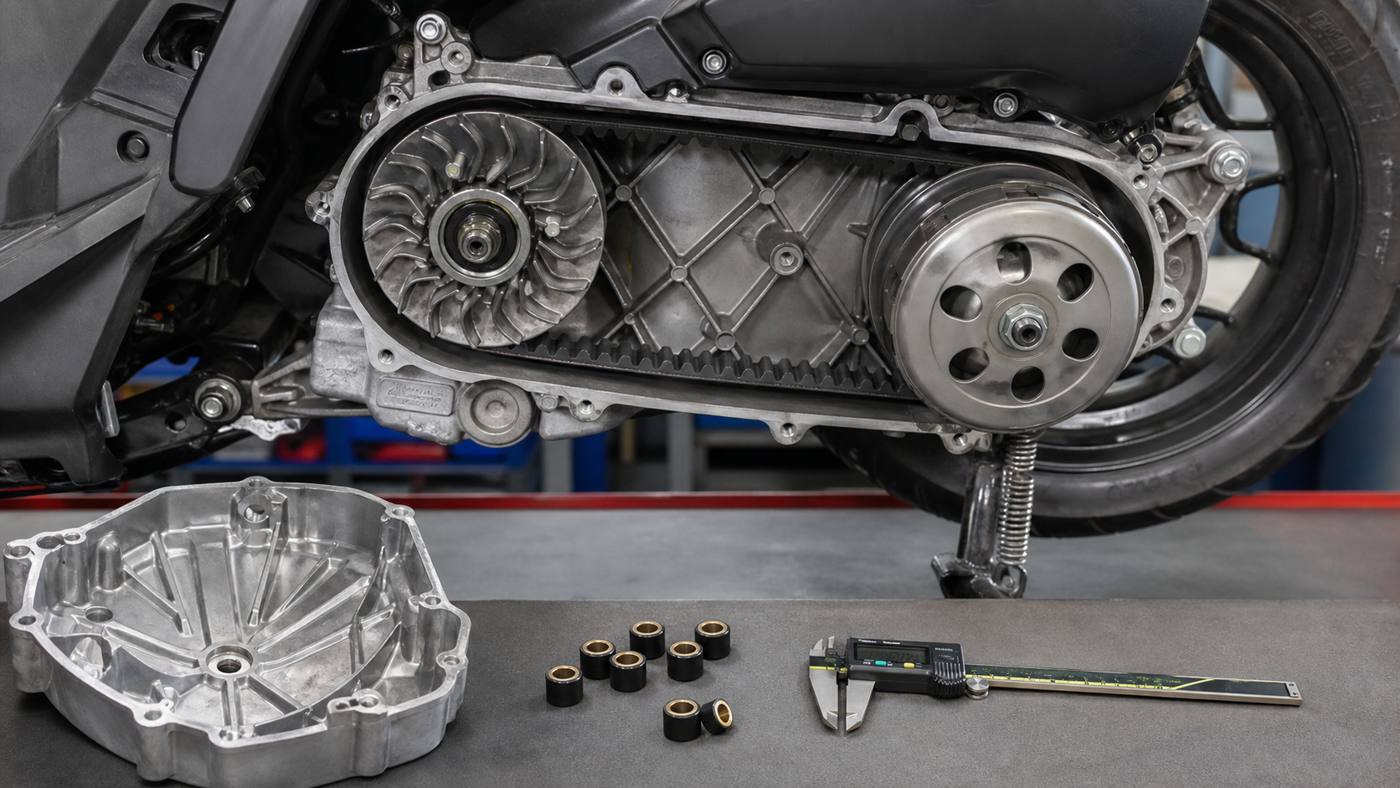 CVT variator and belt checks for sport scooter tuning CVT variator belt and roller checks for a 200cc sport scooter