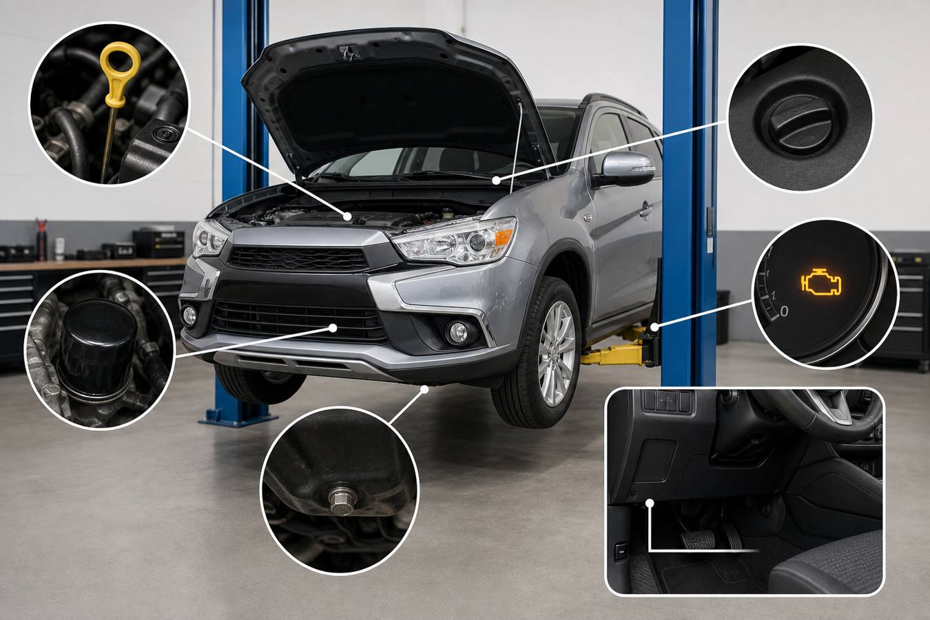 Mitsubishi ASX oil level reset diagnostic points Mitsubishi ASX diagnostic points for oil level reset including dipstick sump filter warning light and OBD port