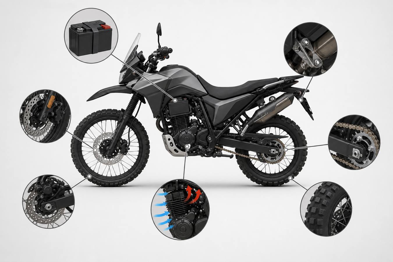 Motron X-Nord 125 inspection points for battery chain brakes tyres and exhaust
