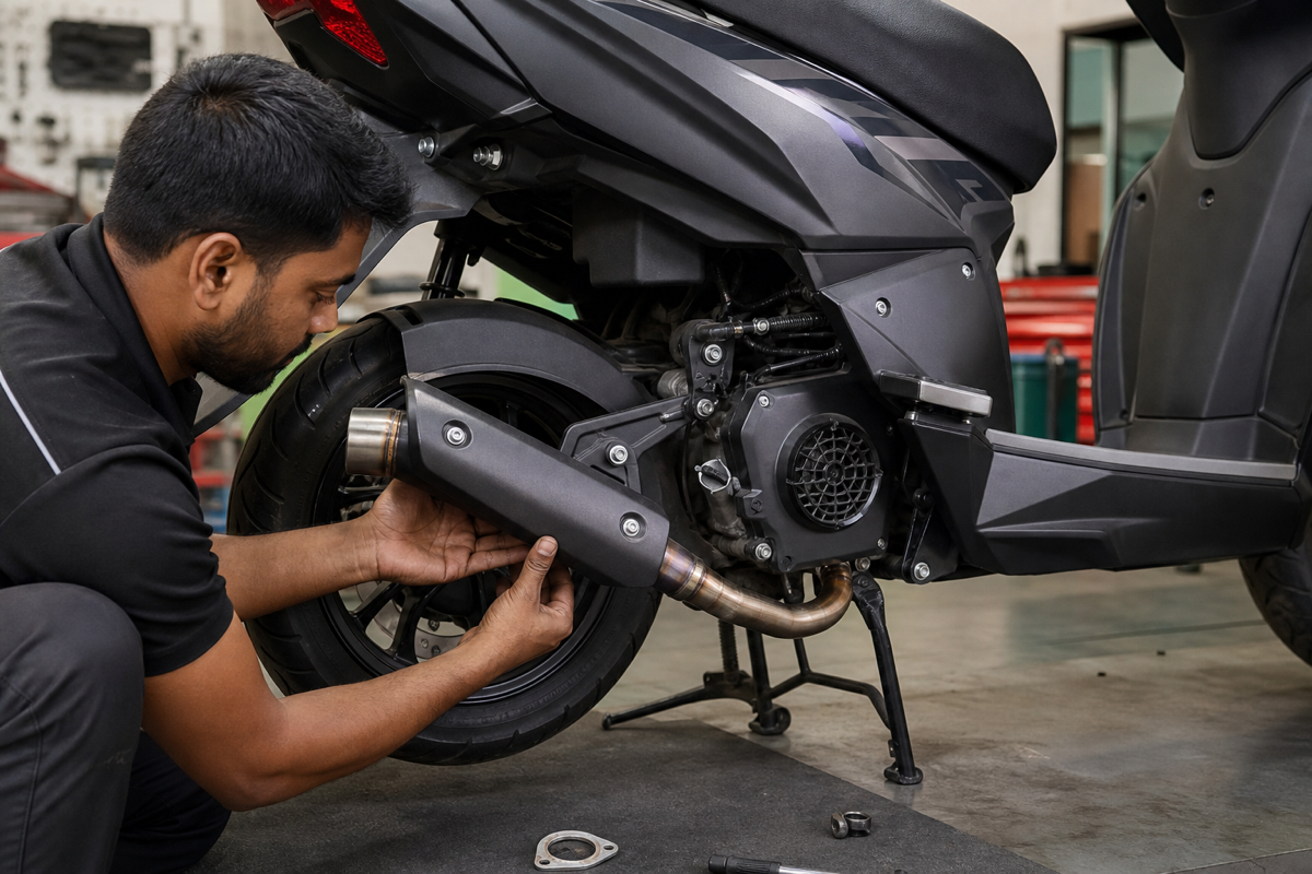 Ntorq exhaust price installation checks on a sporty 125cc scooter