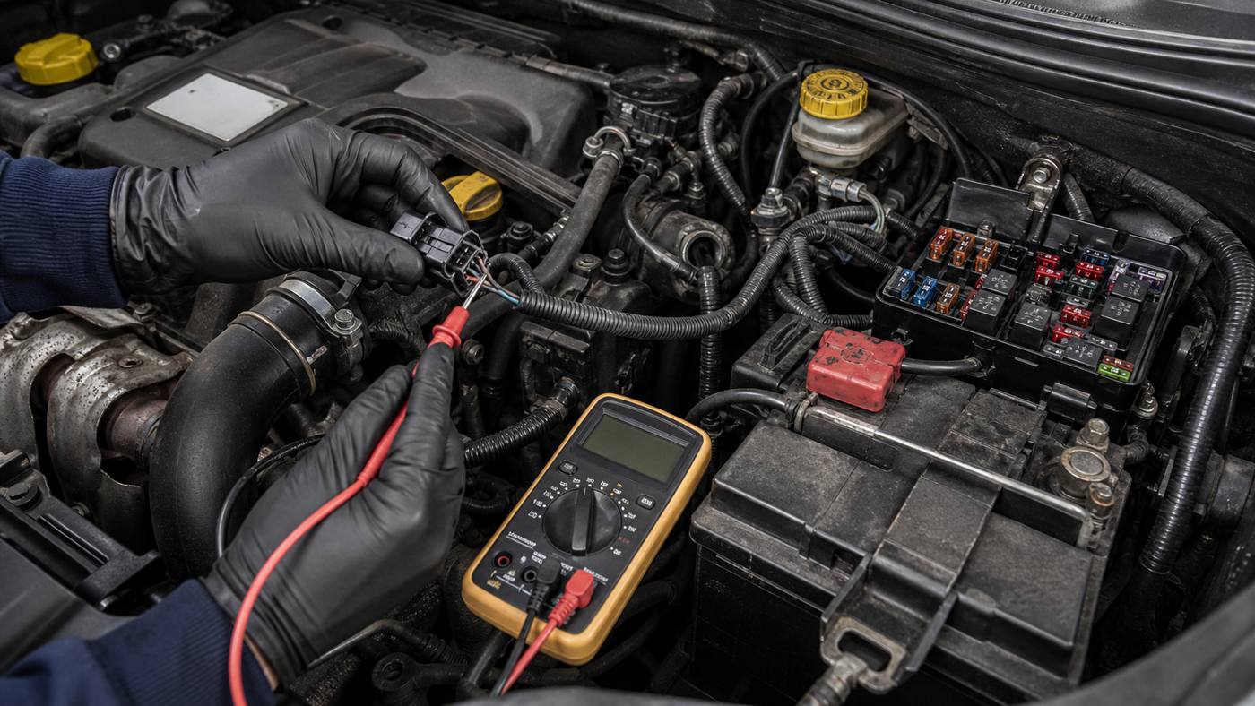 Fiat wiring and sensor checks for P1541 Fiat engine bay wiring sensor fuse and battery checks for P1541