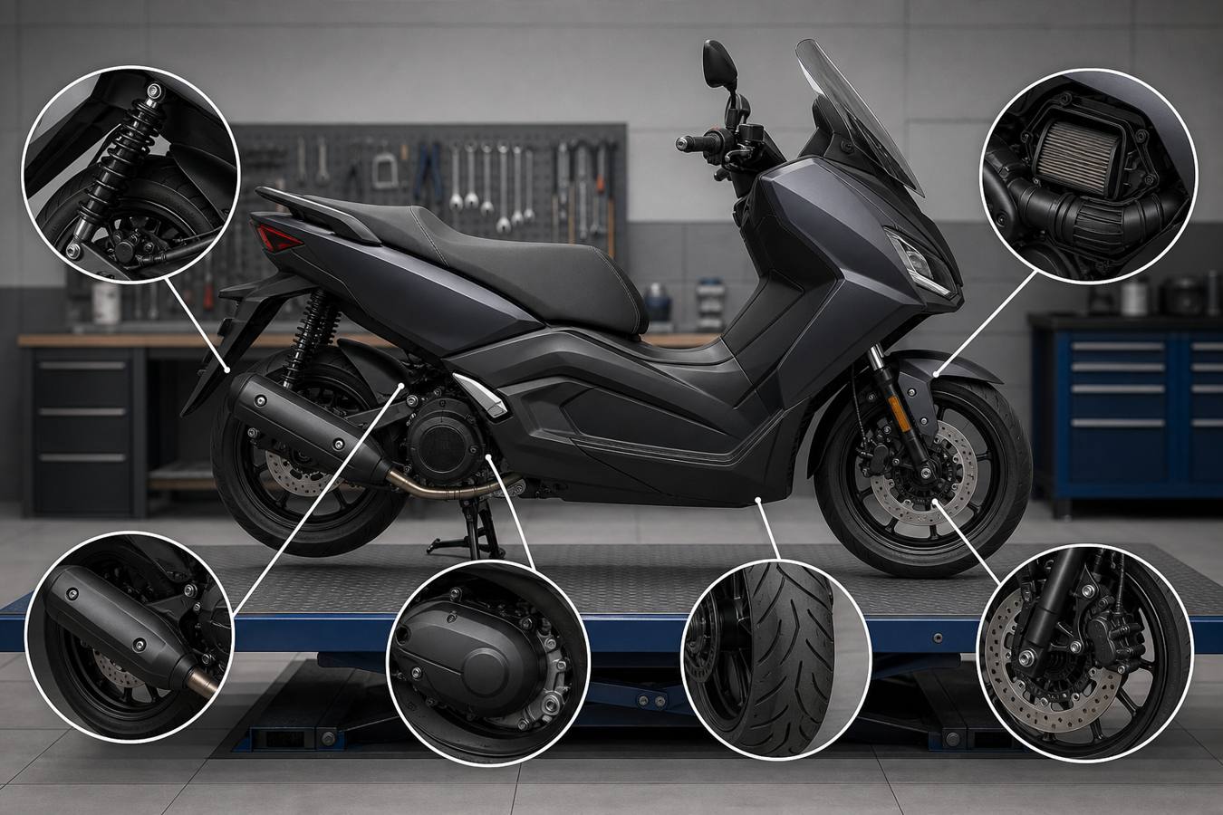 Peugeot Pulsion 125 compatibility checks Peugeot Pulsion 125 compatibility checks showing scooter intake CVT exhaust tyres brakes and suspension