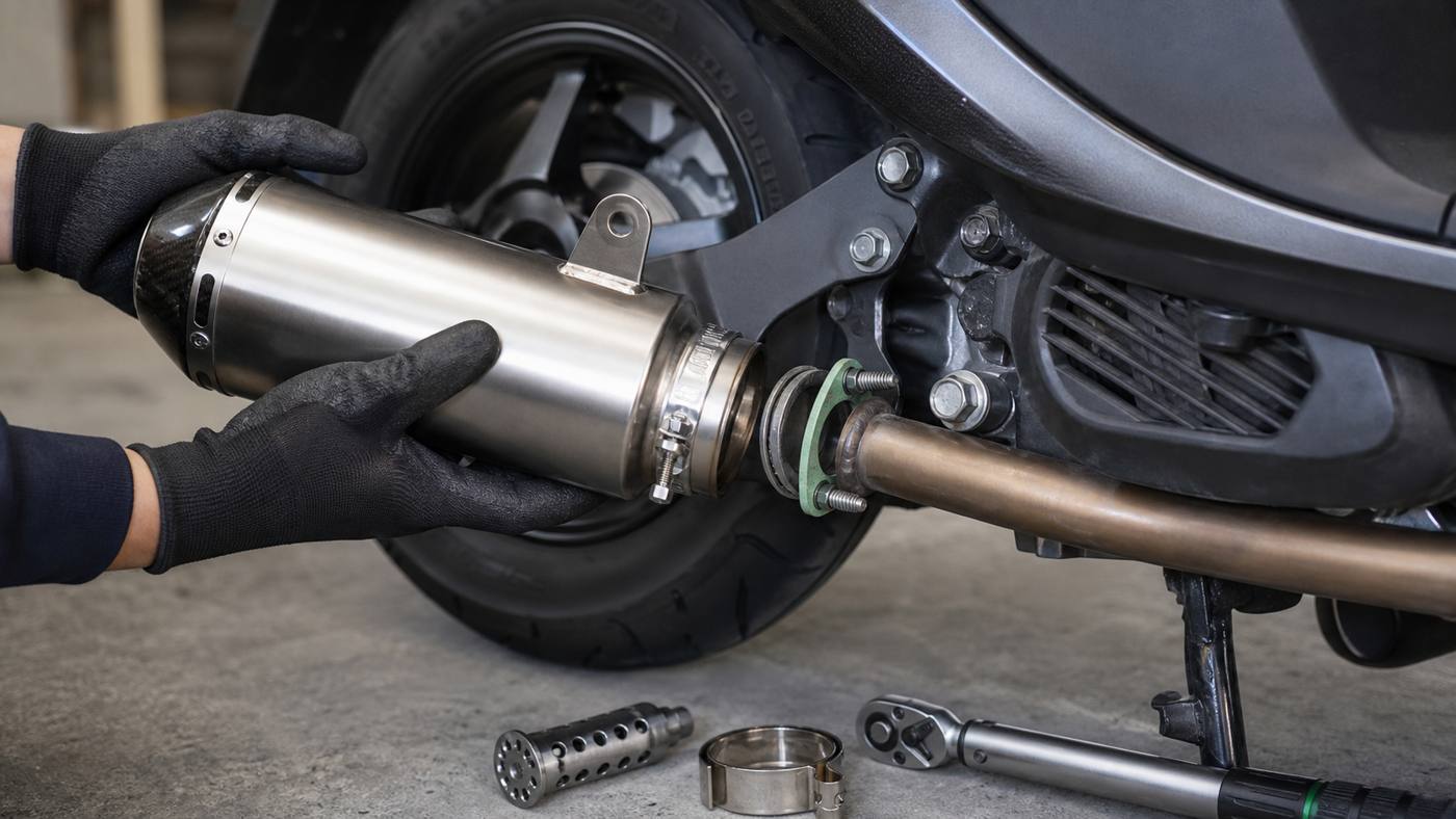 Peugeot Tweet 200 exhaust installation checks Peugeot Tweet 200 exhaust installation with gasket clamp bracket and DB-killer checks