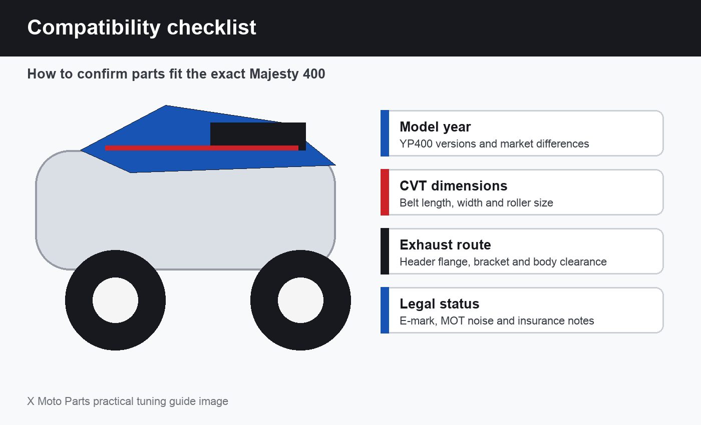 Yamaha Majesty 400 Compatibility Checklist Yamaha Majesty 400 compatibility checklist for CVT exhaust and fuel module parts