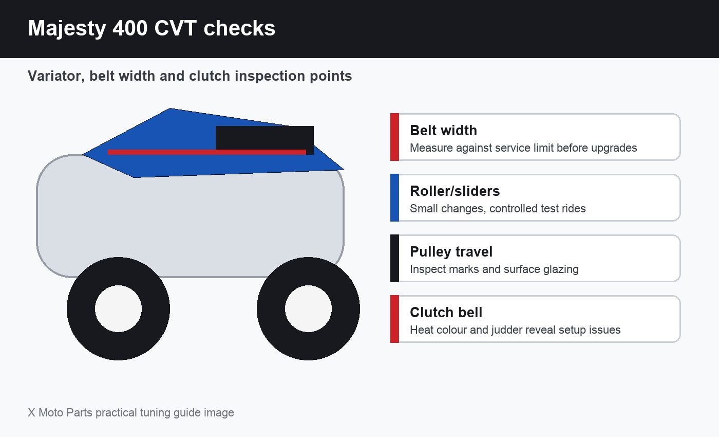 Yamaha Majesty 400 CVT Measurement Points Yamaha Majesty 400 CVT belt variator and clutch measurement points