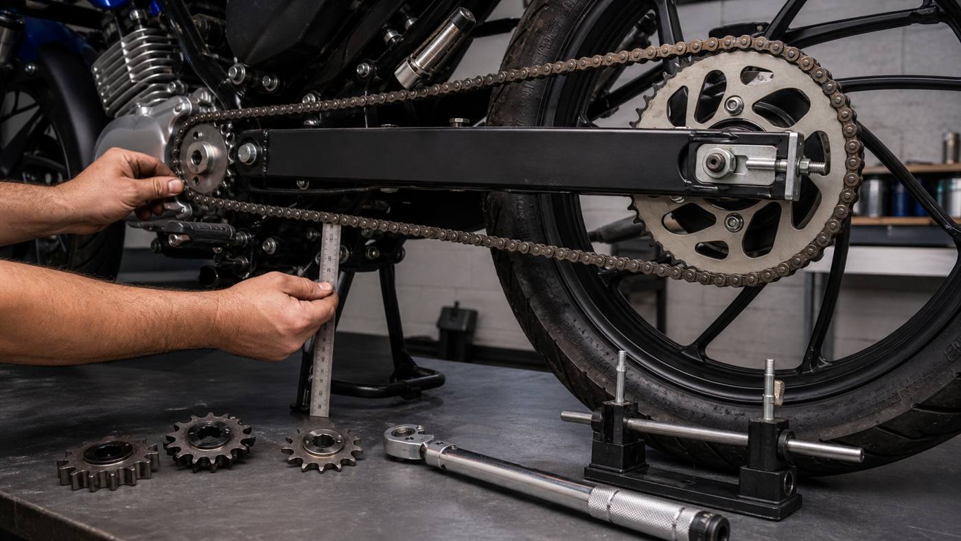YBR 125 chain slack sprocket gearing and alignment checks