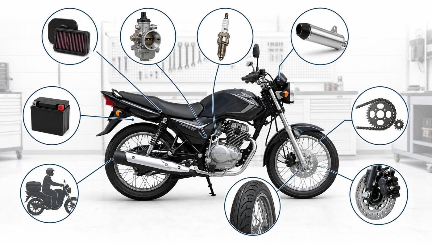 YBR 125 compatibility checks for air filter carburettor exhaust chain tyres brakes and battery